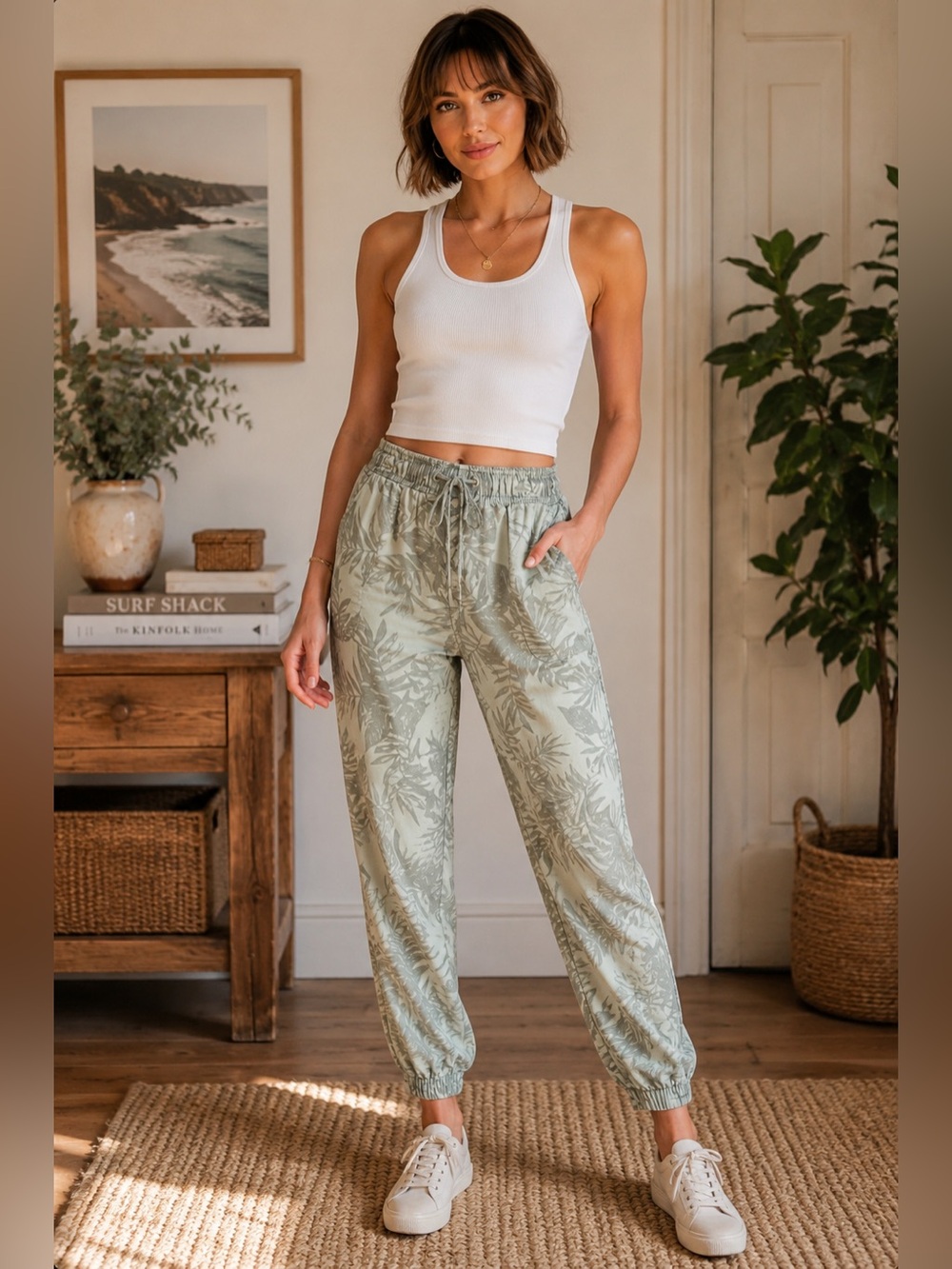 C&C California Sage Green Tropical Leaf Print Jogger Pants Size Small